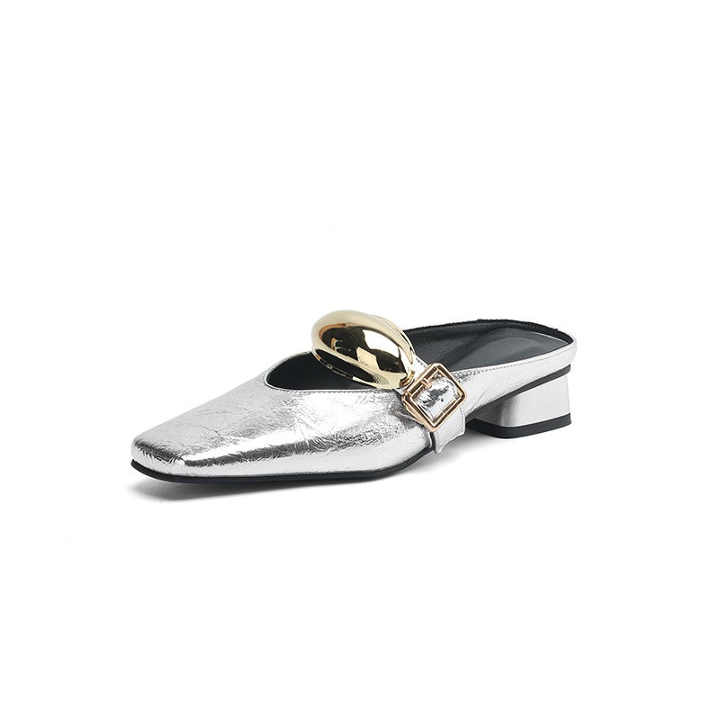 2025 Summer Wish Low Heel Square Head Solid Color 32-43 Size Metal Decorative Outdoor Slippers - Image 1