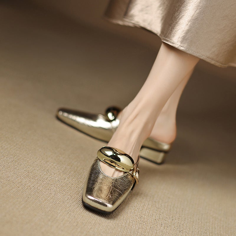 2025 Summer Wish Low Heel Square Head Solid Color 32-43 Size Metal Decorative Outdoor Slippers - Image 2