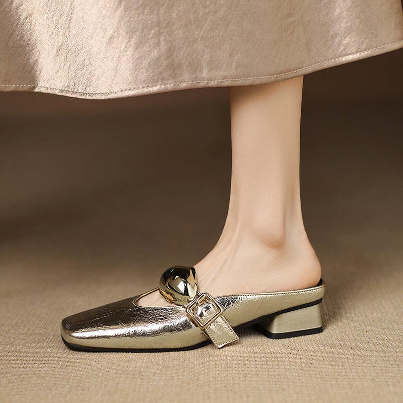 2025 Summer Wish Low Heel Square Head Solid Color 32-43 Size Metal Decorative Outdoor Slippers - Image 5