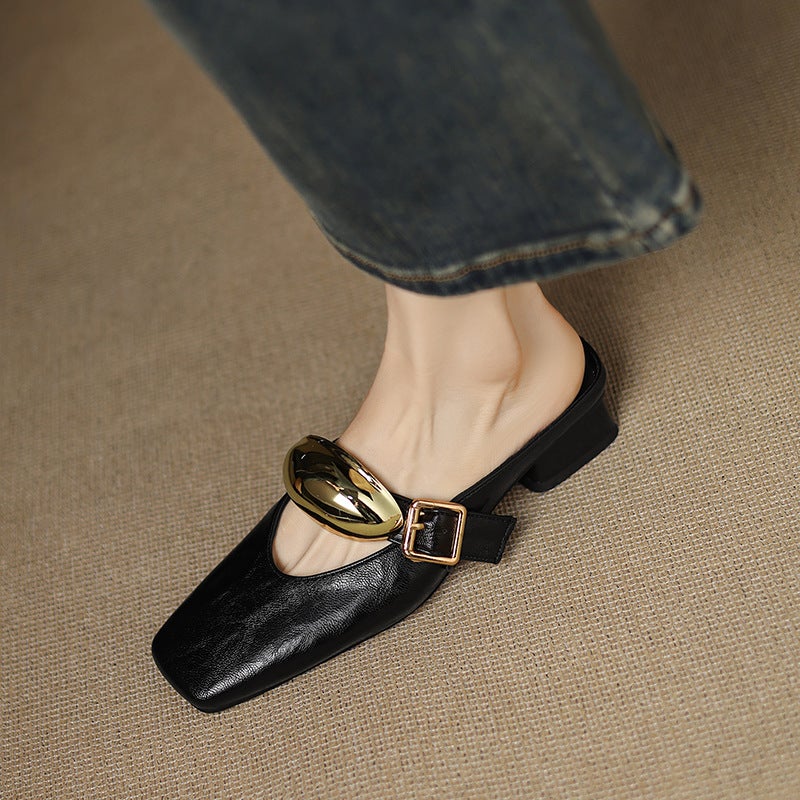 2025 Summer Wish Low Heel Square Head Solid Color 32-43 Size Metal Decorative Outdoor Slippers - Image 3