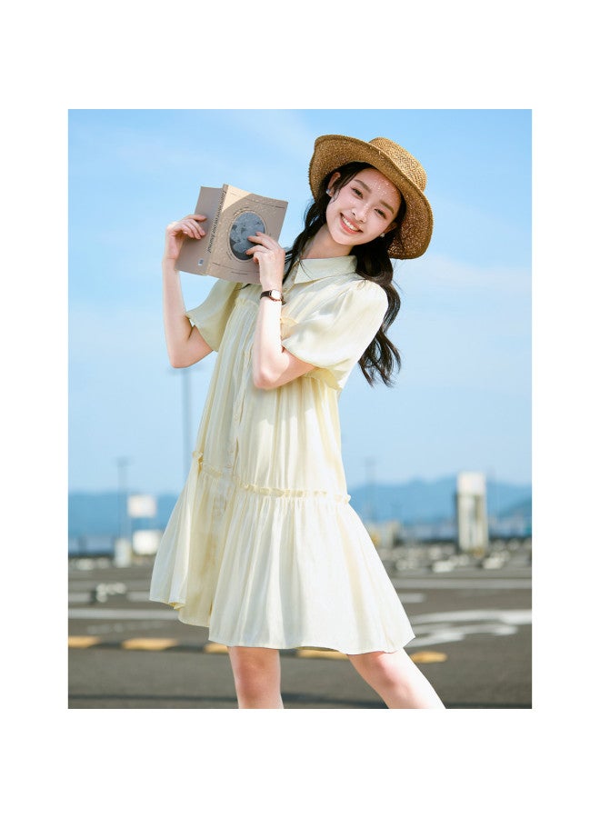 TonLion Women's Dress Elegant Shirt Collar Puff Sleeve Solid Color Lady Style Versatile - Image 2