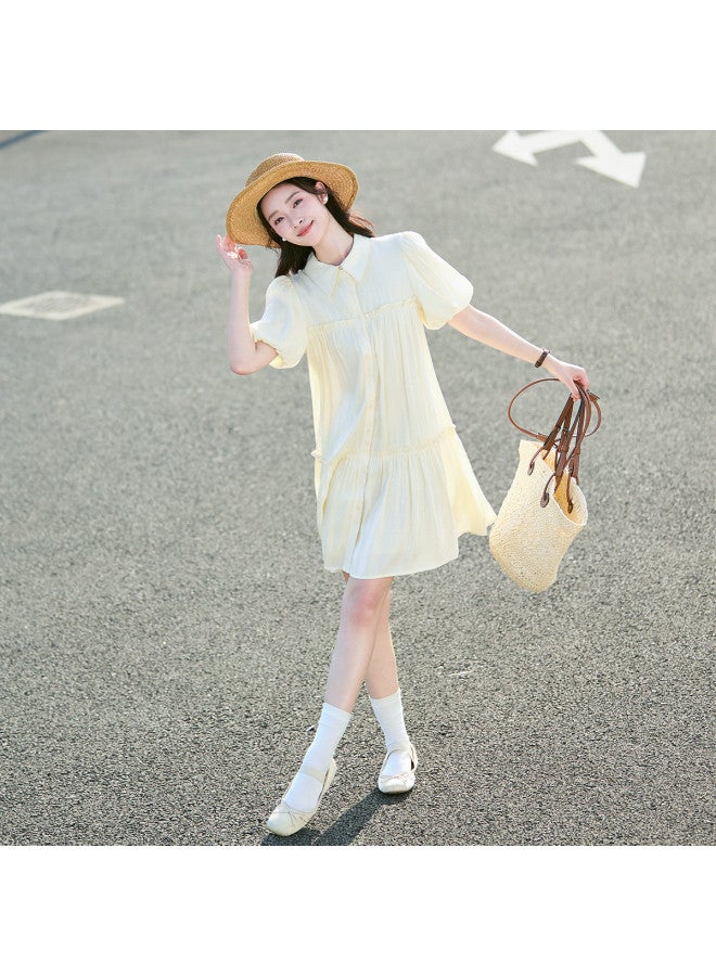 TonLion Women's Dress Elegant Shirt Collar Puff Sleeve Solid Color Lady Style Versatile - Image 3