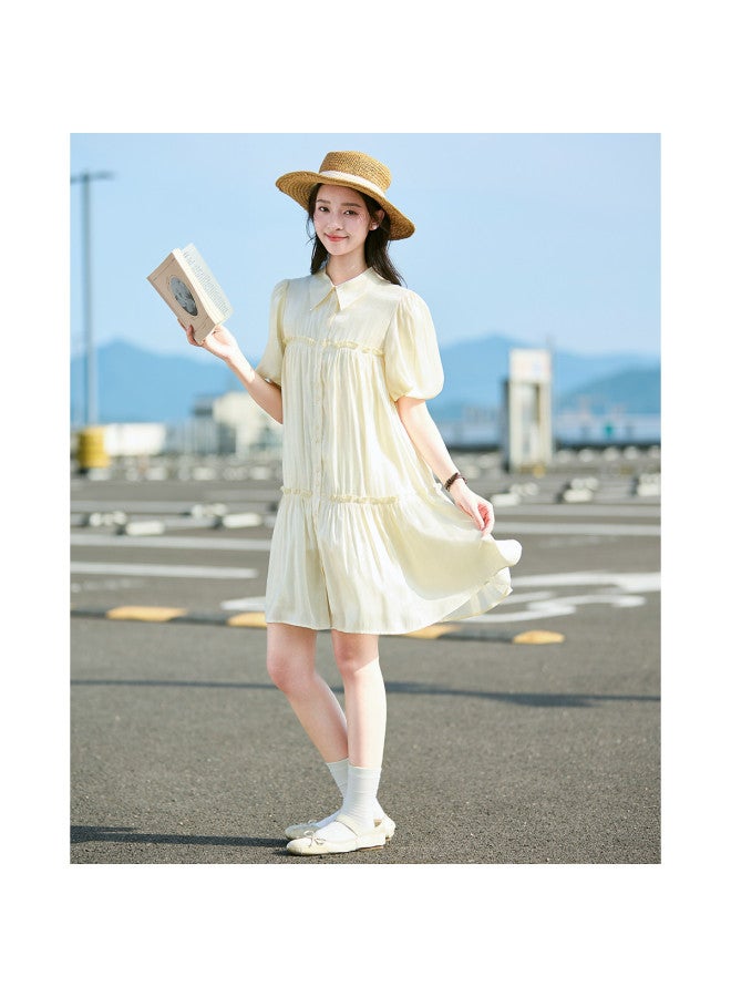 TonLion Women's Dress Elegant Shirt Collar Puff Sleeve Solid Color Lady Style Versatile - Image 5