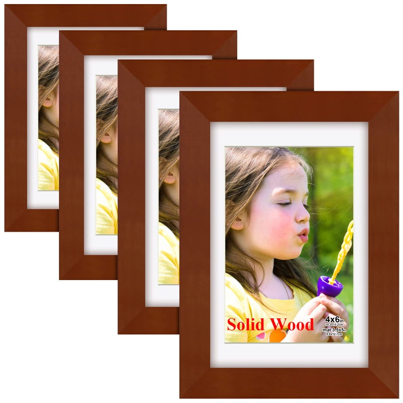 RR Round Rich Design 4 × 6 بوصة إطارات صور مصنوعة من الخشب الصلب والزجاج HD صور 3.5x5 مع حصيرة أو 4x6 بدون حصيرة 4pk بنية - Image 1