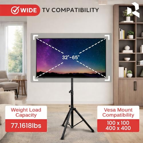 RISSACHI TV Stand | TV Stand Movable Tripod Floor Stand | Adjustable Height Mount for 32–65 Inch LED LCD Smart TVs | Space Saving Stand 35kg Support - Image 3