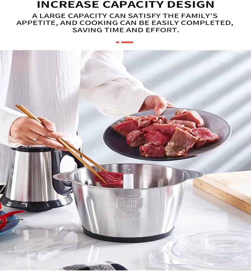 Slivers Criest 3.8L Electric Meat Chopper With Glass Bowl 4 Stainless Steel Blades 3-Speed Control Silver/Clear - Image 3