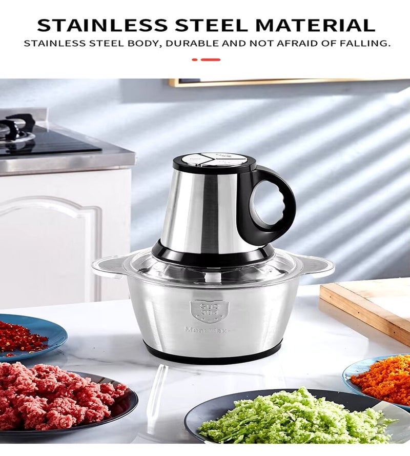 Slivers Criest 3.8L Electric Meat Chopper With Glass Bowl 4 Stainless Steel Blades 3-Speed Control Silver/Clear - Image 4