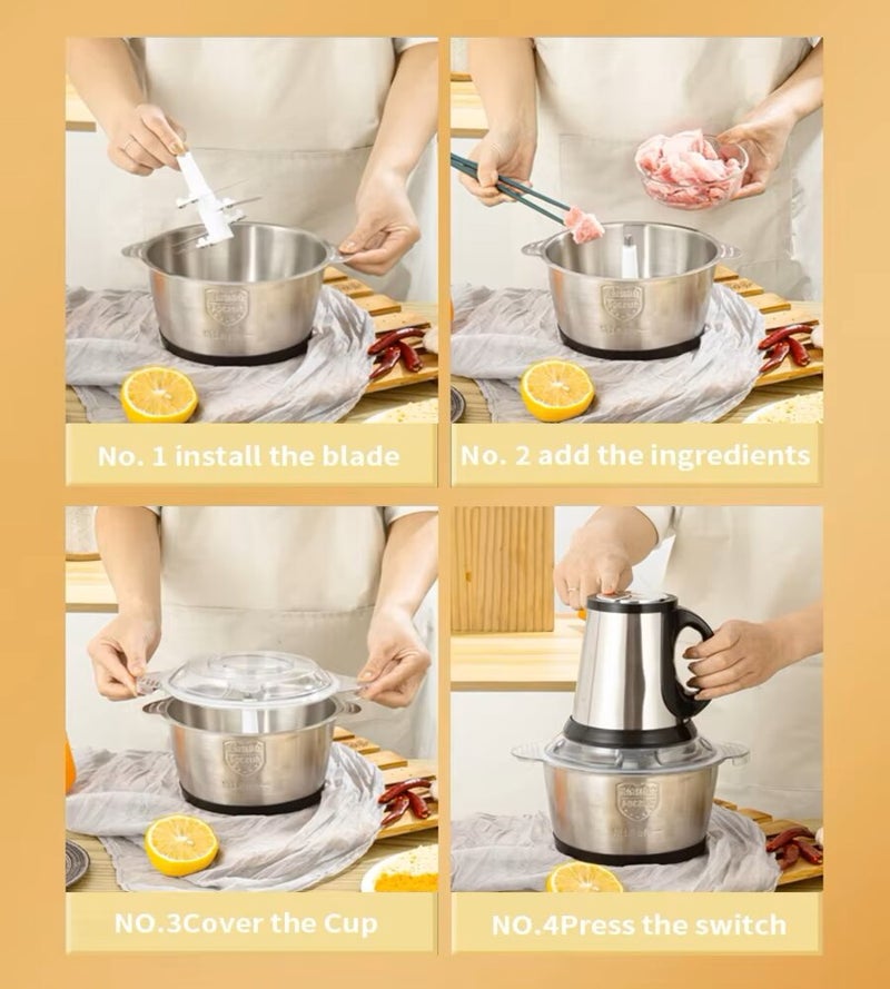 Slivers Criest 3.8L Electric Meat Chopper With Glass Bowl 4 Stainless Steel Blades 3-Speed Control Silver/Clear - Image 2