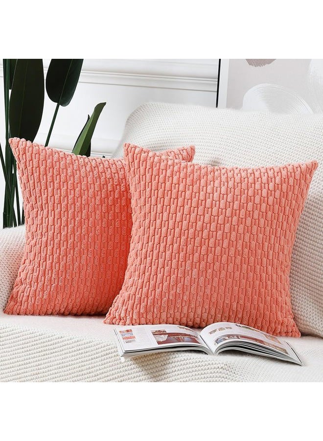 MADIZZ Pack of 2 Boho Striped Corduroy Throw Pillow Covers 16x16 Inch Coral Soft Decorative Cushion Cover for Bedroom Sofa Pillow Shell - Image 1