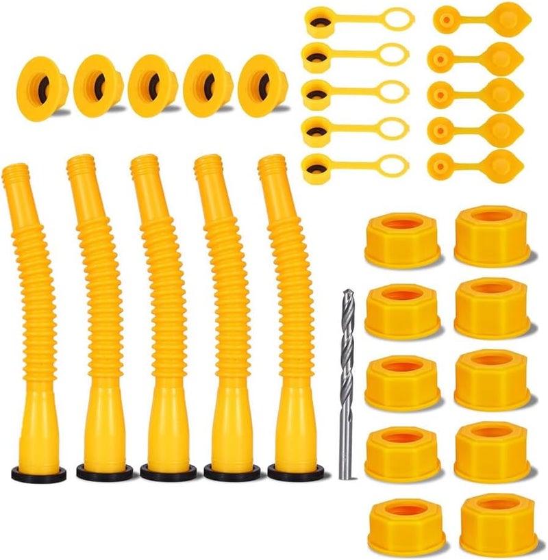 Gas Can Spout Replacement,(5 Kit-Yellow) with 10 Screw Collar Cap(5 Coarse Thread &5 Fine Thread-Fits Most of The Cans) with Gas Can Vent Caps,Thick Rubber pad,Spout Cover,Base Caps - Image 1