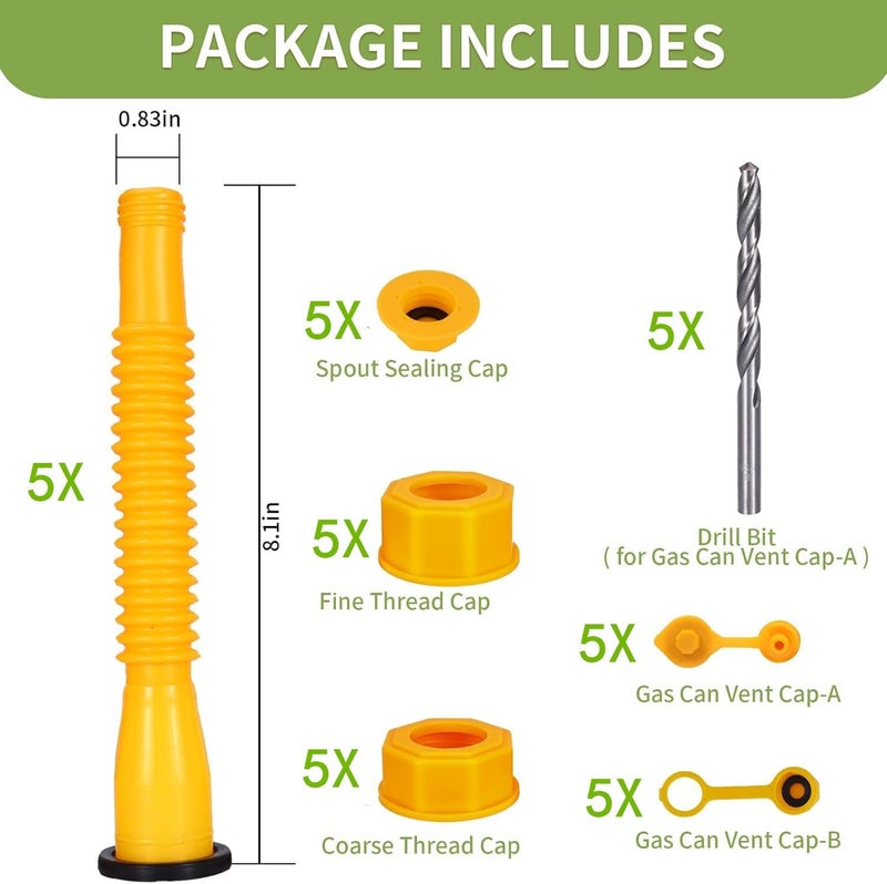 Gas Can Spout Replacement,(5 Kit-Yellow) with 10 Screw Collar Cap(5 Coarse Thread &5 Fine Thread-Fits Most of The Cans) with Gas Can Vent Caps,Thick Rubber pad,Spout Cover,Base Caps - Image 4