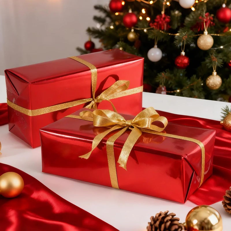 Donyang Red Metallic Wrapping Paper, 17inch x 33ft Solid Color Lustre Paper, Red Gift Wrapping Paper Roll with Grid Cutting Lines for Christmas, Mothers Day, Wedding, Bridal Shower, Valentines Day, Birthday - Image 2