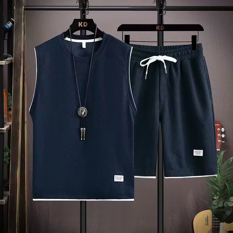 Ins Fashionable Vest Casual suit Simple Summer New Arrival Five-point Pants Fashionable Brand Popular Vest Mens Sleeveless T-Shirt Navy blue - Image 1