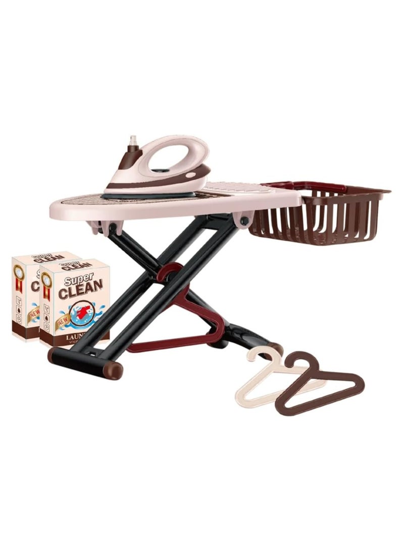 Ironing and pretend play set for children – Includes a small ironing board, a safe plastic iron, and a side basket, with a realistic design that mimics adult tools.  This set helps develop children's hand-eye coordination and fine motor skills, and fosters a love of organization and responsibility through imaginative play. Suitable for children 3 years and older. - Image 1