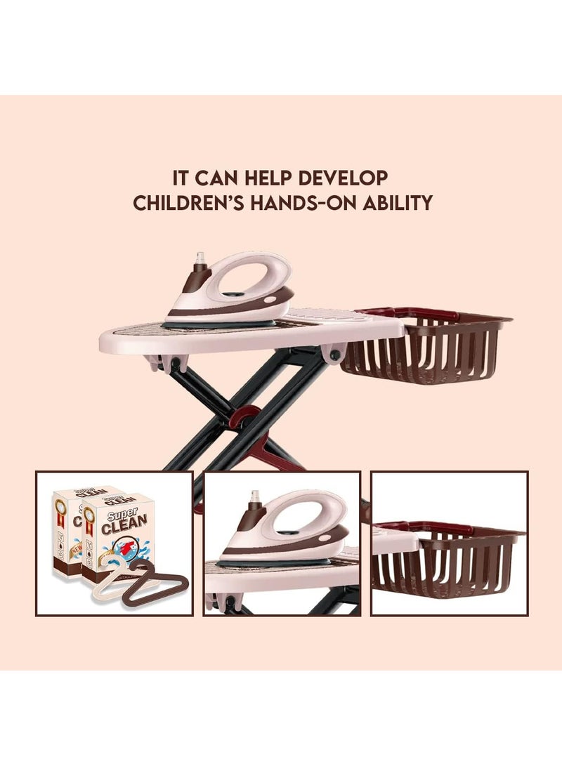 Ironing and pretend play set for children – Includes a small ironing board, a safe plastic iron, and a side basket, with a realistic design that mimics adult tools.  This set helps develop children's hand-eye coordination and fine motor skills, and fosters a love of organization and responsibility through imaginative play. Suitable for children 3 years and older. - Image 2
