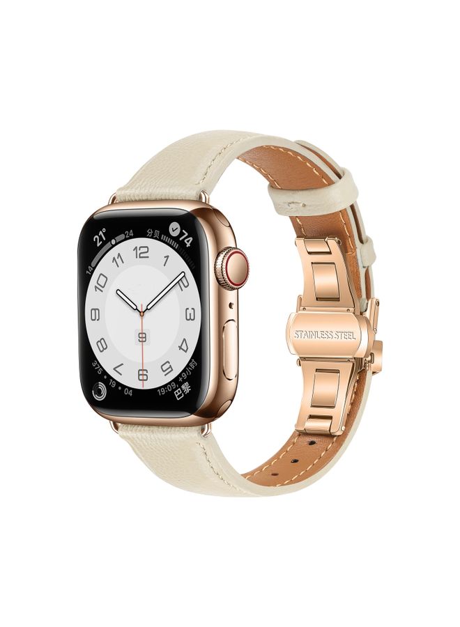 Replacement Strap For Apple Watch SE 2023 44mm Plain Leather Butterfly Buckle Watch Band Beige+Rose Gold