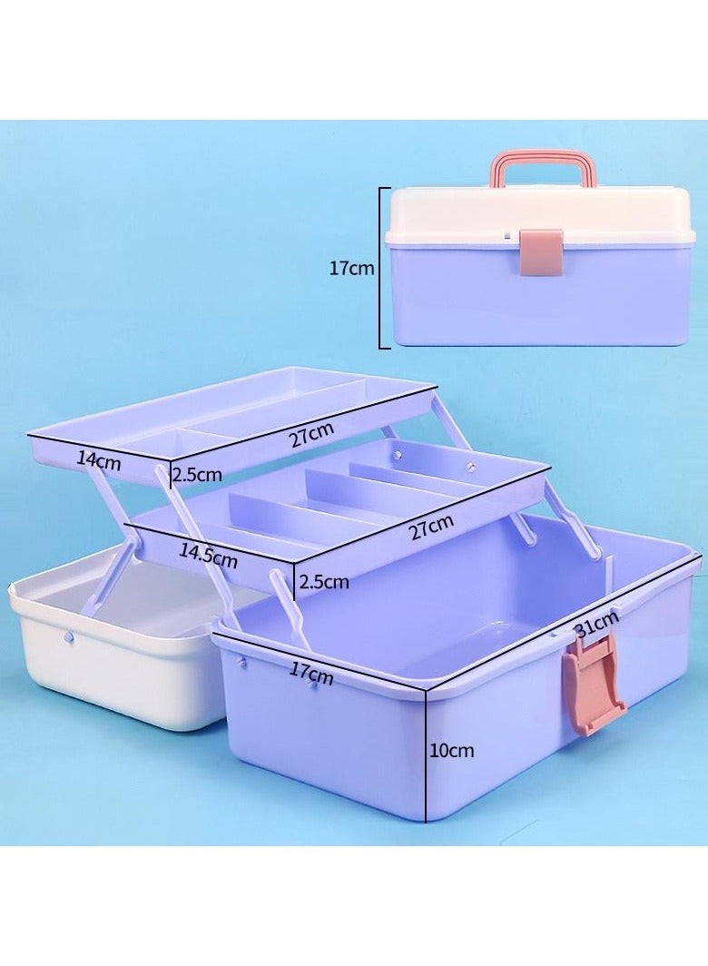 DUNISO 3-Layer Clear Plastic Storage Box,Folding Tools Box with Handle, Versatile Three-Layer Folding Organizer Box  for Accessories, toys, cosmetics, pharmaceuticals, stationery 31x17x17cm（purple)