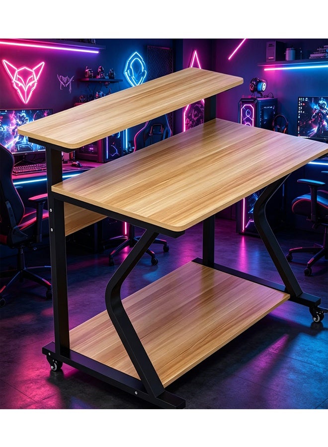 3-Layer Computer Desk with Monitor Shelf, Rolling Study Table with CPU & Printer Storage Rack, Wooden Top and Steel Frame, 81×60×40 cm - Image 3
