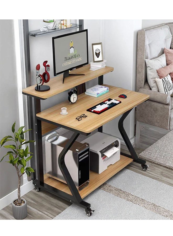 3-Layer Computer Desk with Monitor Shelf, Rolling Study Table with CPU & Printer Storage Rack, Wooden Top and Steel Frame, 81×60×40 cm - Image 2