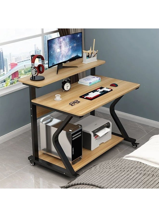 3-Layer Computer Desk with Monitor Shelf, Rolling Study Table with CPU & Printer Storage Rack, Wooden Top and Steel Frame, 81×60×40 cm - Image 1