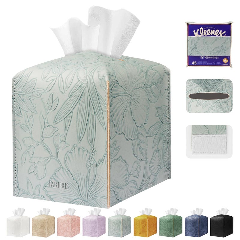 PARIERIS Tissue Box Holder Cover Square Tissue Cube Cover PU Leather Tissue Organizer with Bottom Belt for Bathroom, Tabletop, Kitchen, Night Stands, Office, Home, Car (1, Blue) - Image 1