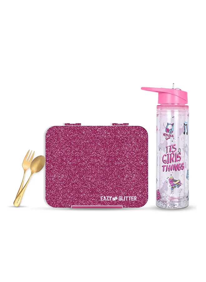 Eazy Kids Eazy Kids 6 & 4 Convertible Bento Lunch Box w/550ml Double Wall Water Bottle and Spoon Fork Set - Glitter Pink