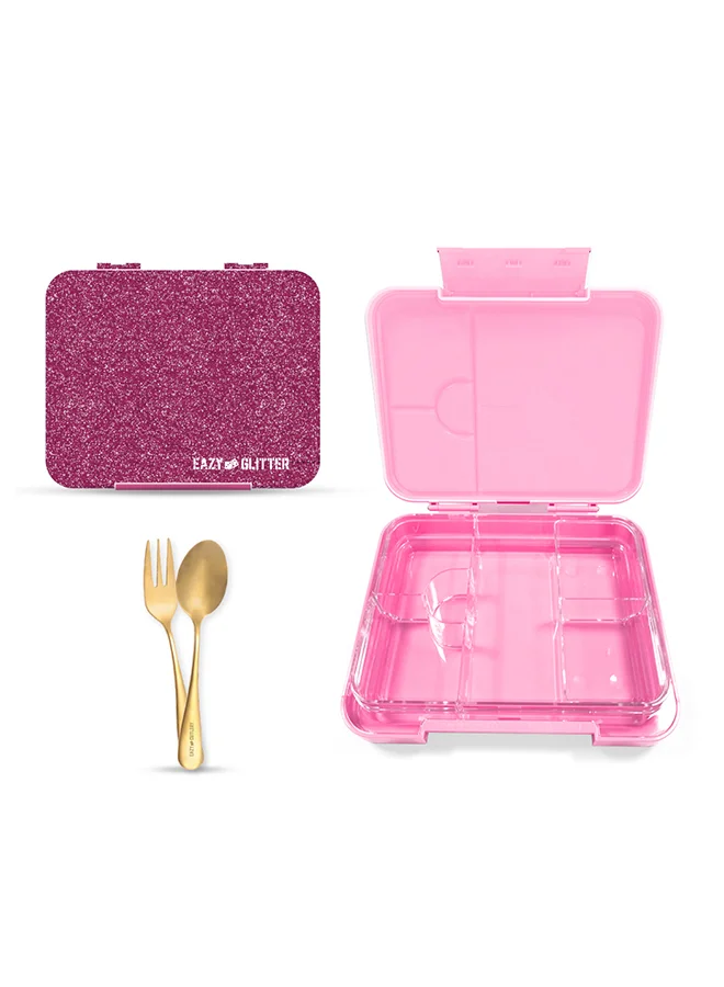 Eazy Kids Eazy Kids 6 & 4 Convertible Bento Lunch Box w/550ml Double Wall Water Bottle and Spoon Fork Set - Glitter Pink