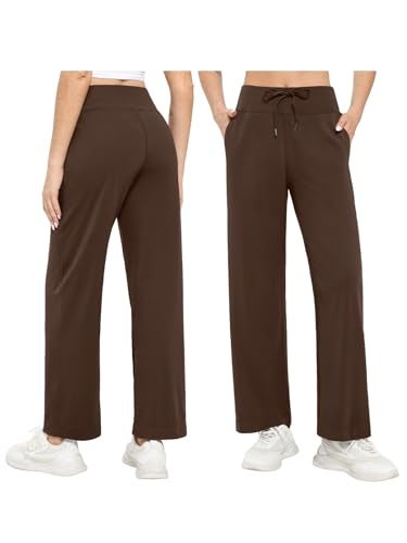 Feiersi Womens Wide Leg Yoga Pants High Waist Stretch Dress Pants Lounge Comfy Loose Trousers with PocketsCoffeeLarge - Image 3