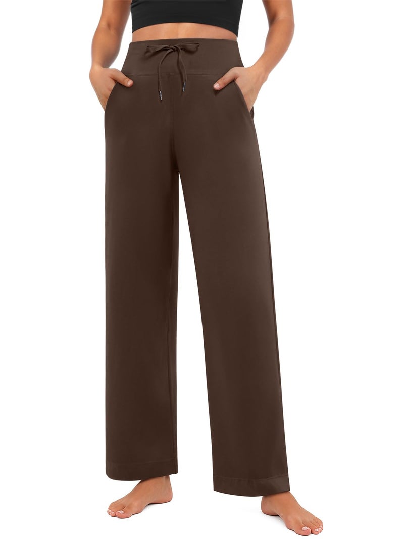 Feiersi Womens Wide Leg Yoga Pants High Waist Stretch Dress Pants Lounge Comfy Loose Trousers with PocketsCoffeeLarge - Image 2