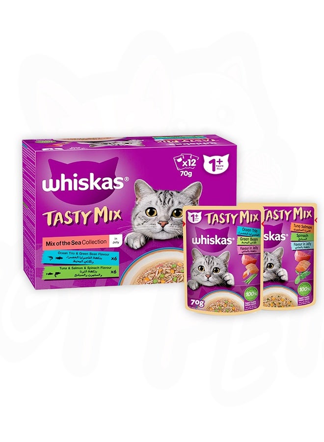 Whiskas Tasty Mix of the Sea Collection Wet Cat Food In Jelly | 1+ Years - 70G (Pack Of 12) - Image 1