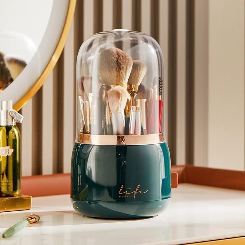 Clefairy Makeup Brush Holder with Lid, Rotating 360 Degree Dust Free Cosmetic Organiser Waterproof Makeup Container Large Capacity Storage Box for Bathroom Dressing Table Brush Display (Green) - Image 1