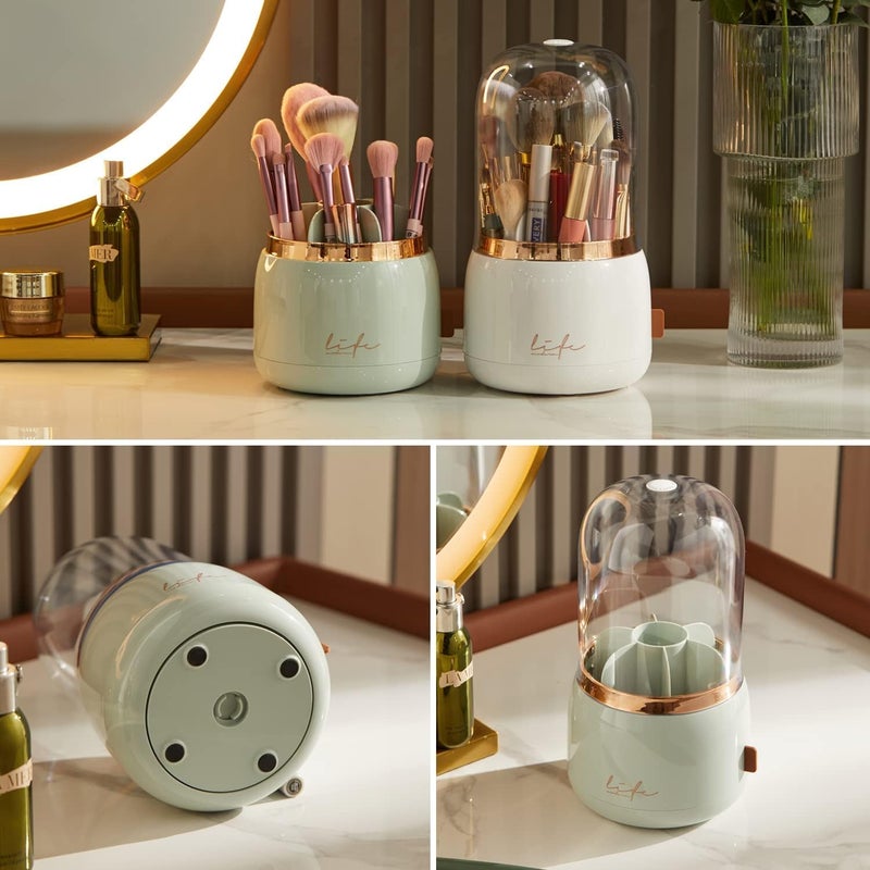 Clefairy Makeup Brush Holder with Lid, Rotating 360 Degree Dust Free Cosmetic Organiser Waterproof Makeup Container Large Capacity Storage Box for Bathroom Dressing Table Brush Display (Green) - Image 2