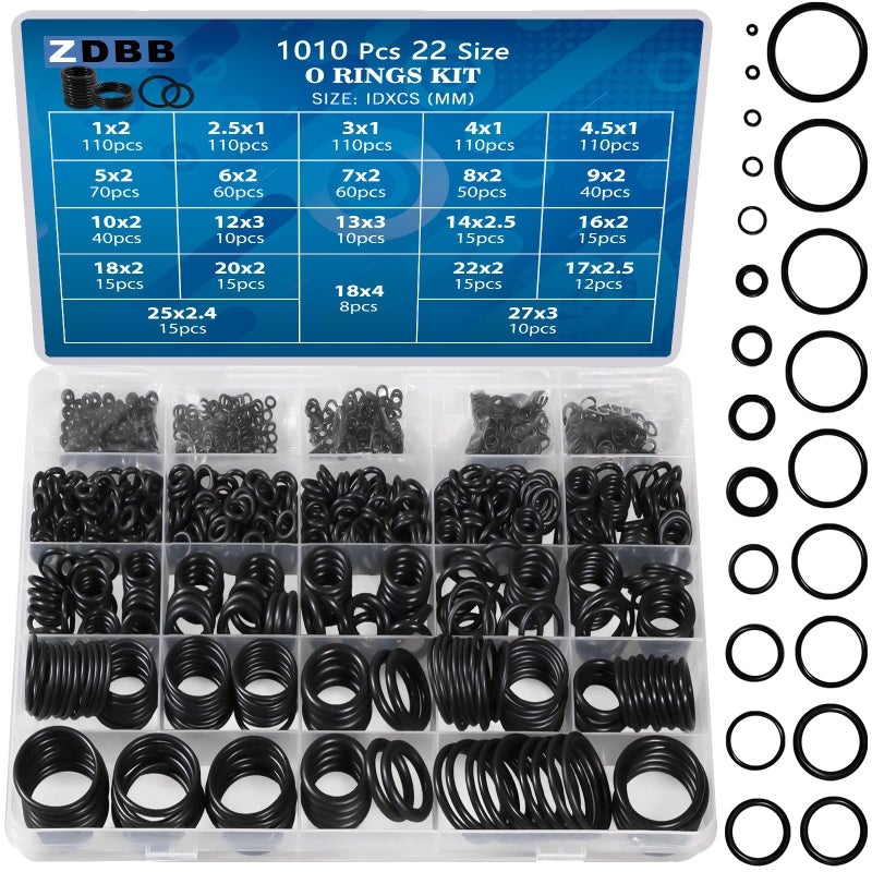 ZDBB 1010 Pcs Rubber O Rings Kit 22 Size Universal O-Ring Assortment Set for Automotive Faucet Pressure Washers Plumbing Sealing Repair,Air or Gas Connections,Resist Oil and Heat - Image 1
