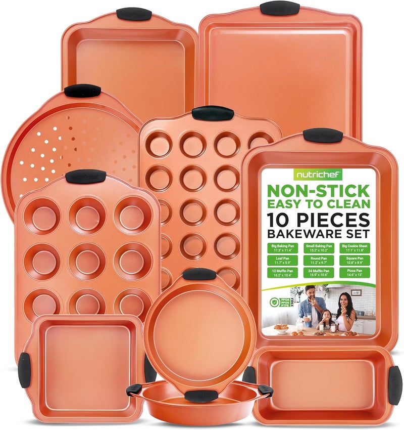NutriChef 10-Piece Nonstick Baking Pans Set – Bakeware Sets for Cookies, Cakes, & Roasting - Bakeware Includes Cookie Sheet, Muffin Pan, Cake Pan, & Pizza Pans - Image 1