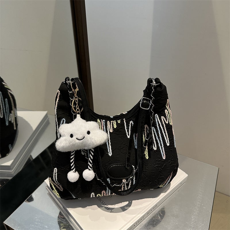 Korean Style Large Capacity Striped Embroidered Shoulder Bag Summer Casual Crossbody Bag Fashionable Commuter Tote Bag - Image 4