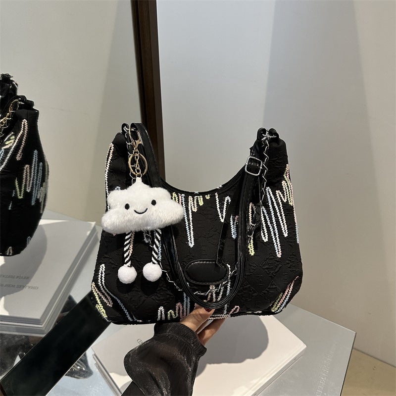 Korean Style Large Capacity Striped Embroidered Shoulder Bag Summer Casual Crossbody Bag Fashionable Commuter Tote Bag - Image 5
