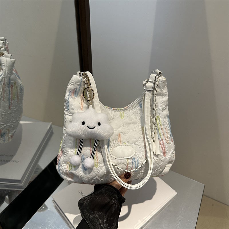 Korean Style Large Capacity Striped Embroidered Shoulder Bag Summer Casual Crossbody Bag Fashionable Commuter Tote Bag - Image 3
