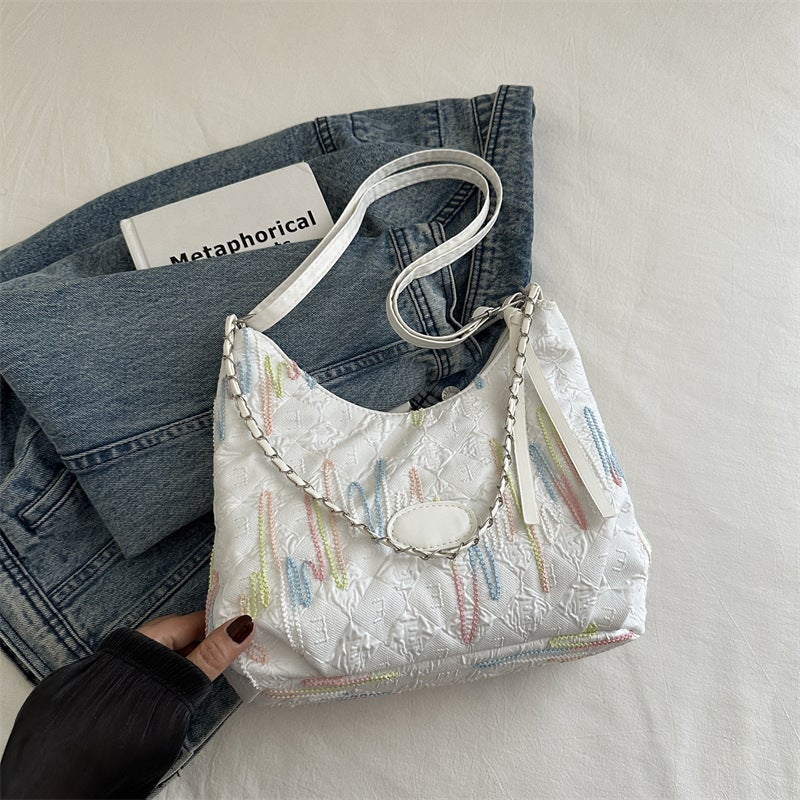 Korean Style Large Capacity Striped Embroidered Shoulder Bag Summer Casual Crossbody Bag Fashionable Commuter Tote Bag - Image 1