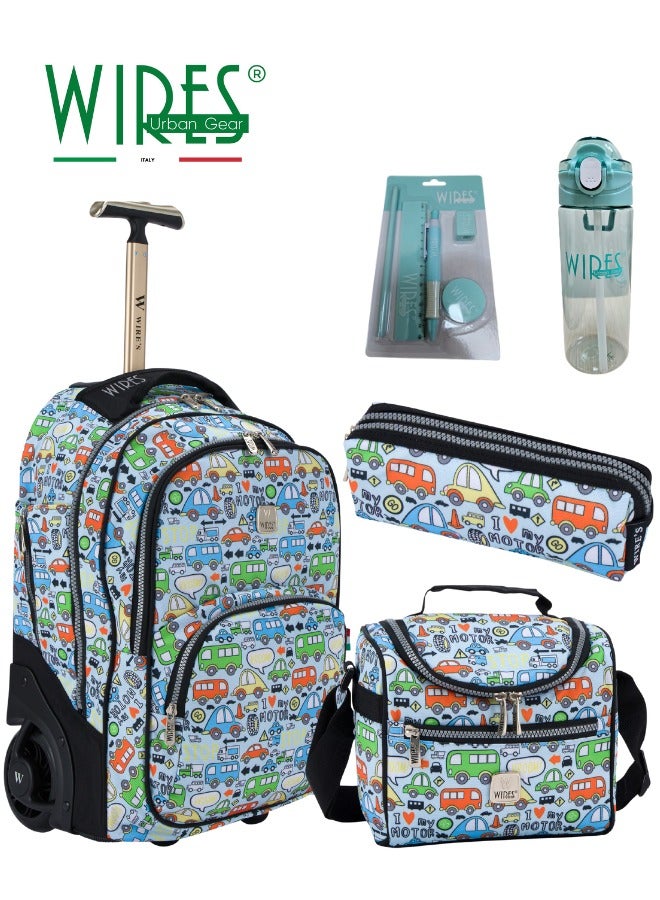 Wires 3 Piece Kids School Trolley Bag laptop compartment 2 Wheels With Lunch bag u0026 Pencil Case - Image 1