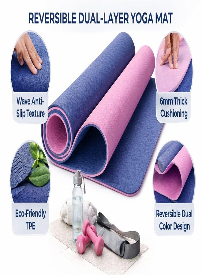 NLW Reversible Dual-Layer Yoga Mat, TPE, 6mm Thick, Wave Anti-Slip Texture, Navy Blue and Pink, for Yoga, Gym and Home Workout - Image 2