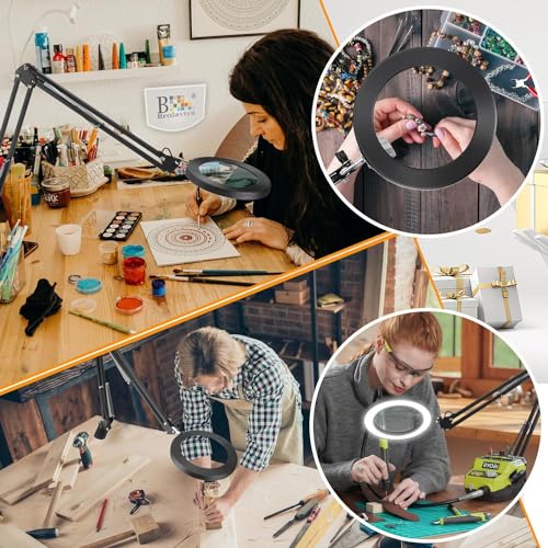 BROLAVIYA Overhead 5X Magnifying Glass with Led Light and Stand, 3 Color Modes Dimmable, Large 2 Way Base clamp, Magnifier Desk Lamp for Close Work, Repair, Crafts, Makeup, Reading, Photography - Image 4