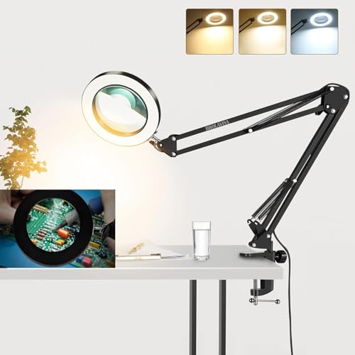 BROLAVIYA Overhead 5X Magnifying Glass with Led Light and Stand, 3 Color Modes Dimmable, Large 2 Way Base clamp, Magnifier Desk Lamp for Close Work, Repair, Crafts, Makeup, Reading, Photography - Image 1
