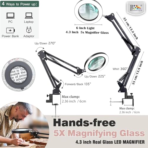 BROLAVIYA Overhead 5X Magnifying Glass with Led Light and Stand, 3 Color Modes Dimmable, Large 2 Way Base clamp, Magnifier Desk Lamp for Close Work, Repair, Crafts, Makeup, Reading, Photography - Image 3