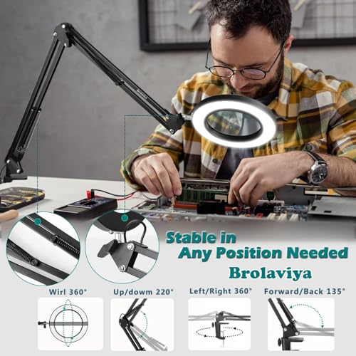 BROLAVIYA Overhead 5X Magnifying Glass with Led Light and Stand, 3 Color Modes Dimmable, Large 2 Way Base clamp, Magnifier Desk Lamp for Close Work, Repair, Crafts, Makeup, Reading, Photography - Image 2