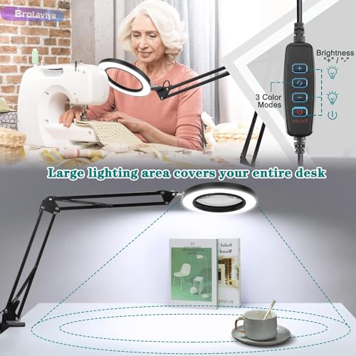 BROLAVIYA Overhead 5X Magnifying Glass with Led Light and Stand, 3 Color Modes Dimmable, Large 2 Way Base clamp, Magnifier Desk Lamp for Close Work, Repair, Crafts, Makeup, Reading, Photography - Image 5