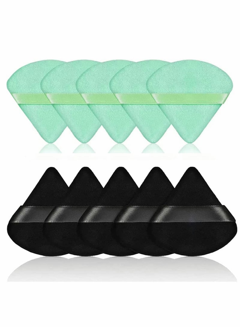 Excefore Triangle Powder Puff , 10Pcs Soft Makeup Powder Puffs Reusable Powder Puff Triangle Dry Wet Velour Puff for Loose Powder Daily Makeup Foundation Cream Blush (Green & Black) - Image 1