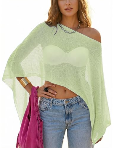 WeciBor Sheer Poncho Top for Women Green Y2K Lightweight Shrug Knit Mesh Yarn Cover Up Vacation Poolside Outfits - Image 1