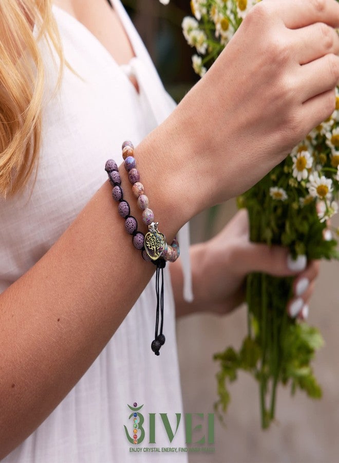 Bivei Life Tree Bracelet - Lava Stone Essential Oil Gemstone Beaded Yoga Meditation Regalite Stone Beach Charm Bracelet Set(Purple) - Image 2