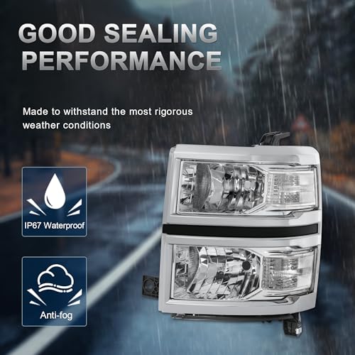KUIPERAUTO Pair Headlights Assembly Front Lamp Compatible with 2014-2015 Chevrolet Silverado 1500 Headlight Replacement Driver and Passenger Side Chrome/Clear/Clear - Image 2