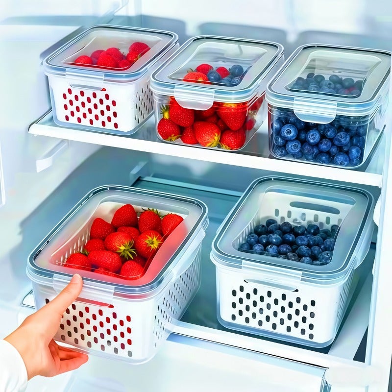 Large Capacity Fruit Preservation Containers with Removable Drain Basket, 4/6 Pack, BPA-Free Plastic, Dishwasher Safe - Image 2